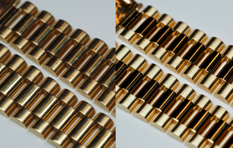 Gepolijste gouden horlogeband, resultaat van professioneel polijstwerk